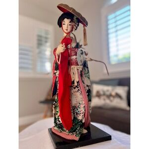 Vintage Japanese Geisha Doll Silk Kimono Red Floral Traditional Folk Art 16in